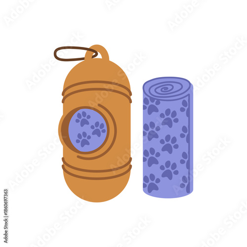 Dog waste bag dispenser with rolls of plastic bags. Portable container for storage and biodegradable bags for clean up. Flat vector illustration.