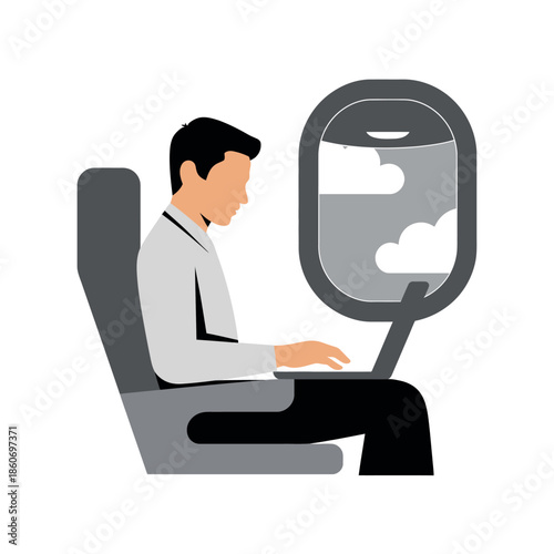 A businessman works on his laptop while traveling on an airplane.