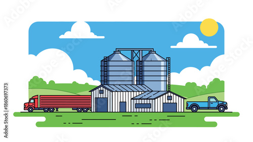 Modern vector illustration of farm storage silos with trucks, agricultural logistics and food supply chain concept