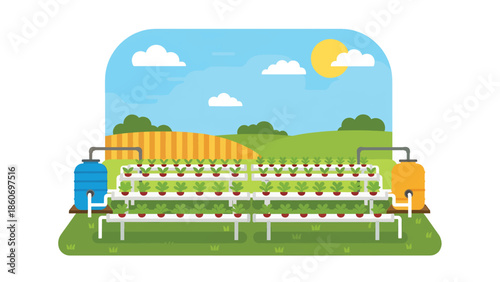 Modern vector illustration of hydroponic farming system with plants and water tanks, future agriculture and food innovation concept