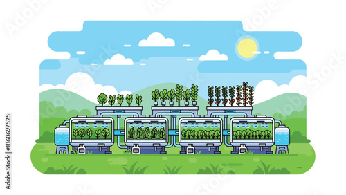 Modern vector illustration of hydroponic farming system with plants and water tanks, future agriculture and food innovation concept