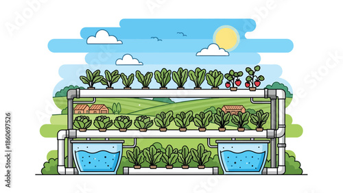 Modern vector illustration of hydroponic farming system with plants and water tanks, future agriculture and food innovation concept