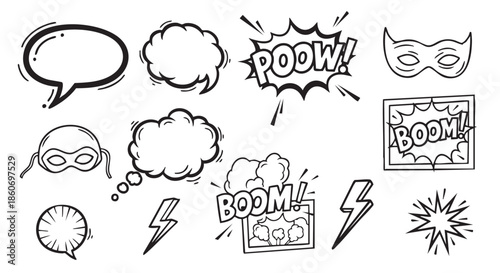 Hand drawn superhero vector element set on white background