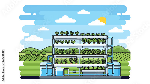 Modern vector illustration of hydroponic farming system with plants and water tanks, future agriculture and food innovation concept