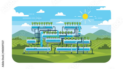 Modern vector illustration of hydroponic farming system with plants and water tanks, future agriculture and food innovation concept