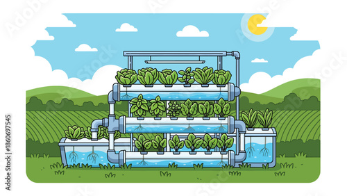 Modern vector illustration of hydroponic farming system with plants and water tanks, future agriculture and food innovation concept