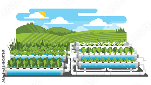 Modern vector illustration of hydroponic farming system with plants and water tanks, future agriculture and food innovation concept
