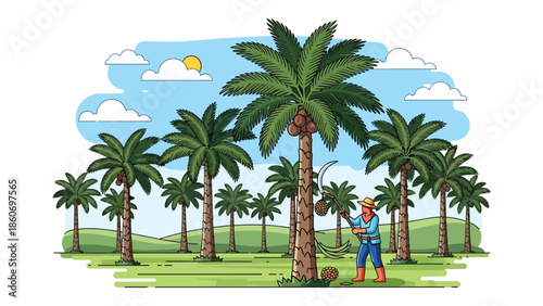 Modern vector illustration of palm oil plantation with harvest activity, plantation agriculture and commodity production concept