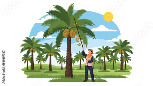 Modern vector illustration of palm oil plantation with harvest activity, plantation agriculture and commodity production concept