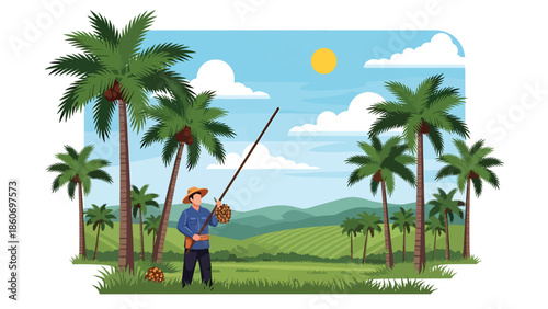 Modern vector illustration of palm oil plantation with harvest activity, plantation agriculture and commodity production concept