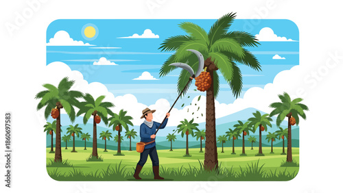 Modern vector illustration of palm oil plantation with harvest activity, plantation agriculture and commodity production concept