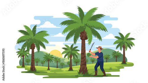 Modern vector illustration of palm oil plantation with harvest activity, plantation agriculture and commodity production concept