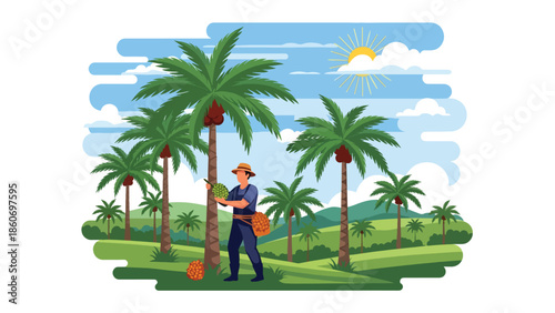 Modern vector illustration of palm oil plantation with harvest activity, plantation agriculture and commodity production concept