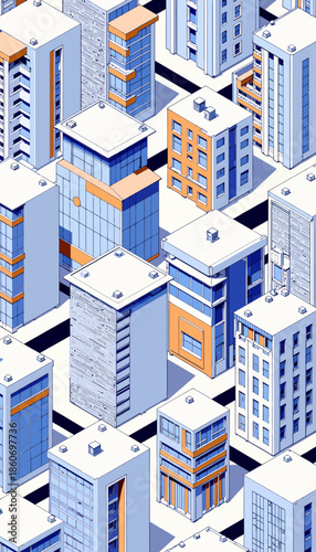 Modern Urban Cityscape with Geometric High-Rise Buildings in White and Blue Tones Featuring Abstract Architectural Patterns