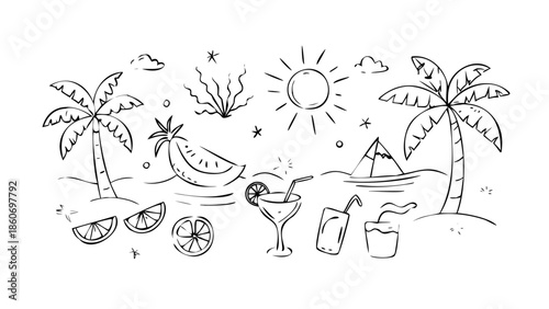 Hand drawn summer illustration set. Italian dolce vita. Minimalist line art. Palm tree, lemon, cocktails sun and sea, seashells in doodle sketch style. Drawing ink. Concept vacation ocean and travel.