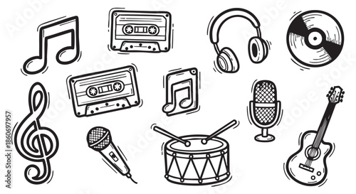 Music themed seamless pattern with musical notes cassettes and microphone