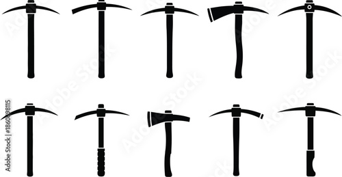 Collection of various pickaxes and axes black vector graphics on transparent background silhouette