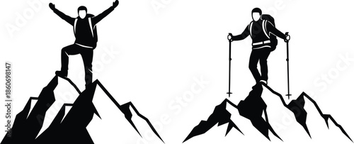 Two hikers celebrating on mountain peaks a striking black silhouette on transparent background