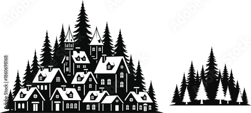 Stylized forest townscape with detailed architecture and trees silhouette on transparent background