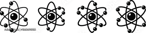 Four atom models in a row science illustration on transparent background silhouette