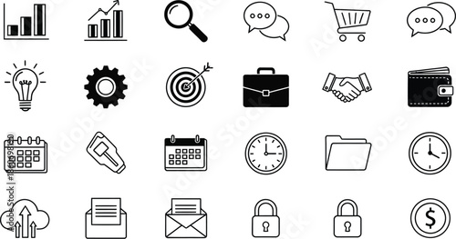 Business and finance icons collection with a modern design on transparent background silhouette