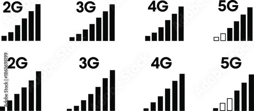 Network signal strength indicators 2g to 5g black icons on transparent background silhouette