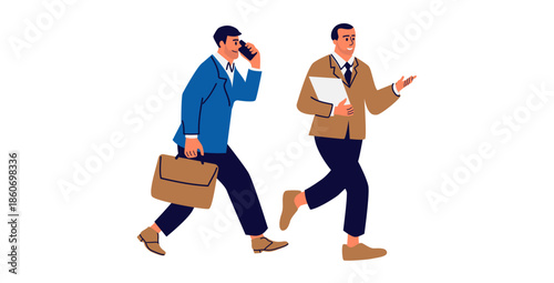 Corporate professionals walking with briefcase and documents illustration