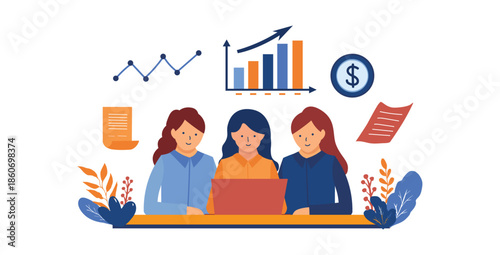 Corporate colleagues collaborating on financial planning using laptop illustration