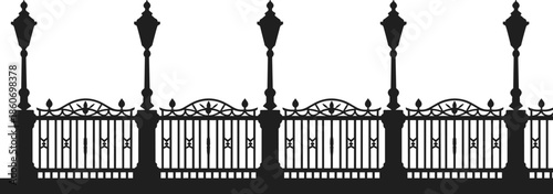 Classic wrought iron fence with decorative street lamp posts silhouette flat vector illustration elegant vintage outdoor garden barrier design