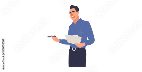 Professional businessman presenting report with documents and pen illustration