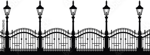 Decorative wrought iron fence with vintage street lamps silhouette flat vector illustration elegant outdoor garden barrier design