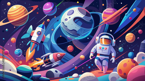 Very beautiful vector illustration of a space adventure scene with astronauts, rockets, and distant planets, dynamic composition full of wonder and exploration.