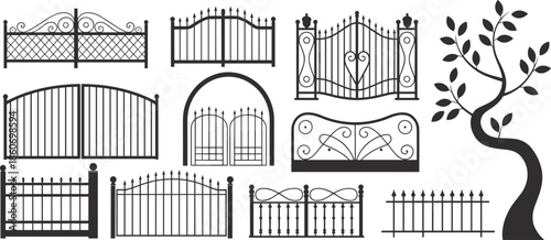 Decorative wrought iron gate and fence collection flat vector illustration with garden tree silhouettes ornamental metal design elements set