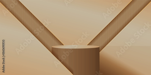 Realistic brown 3D cylindrical podium background with shadow and lighting scene. Minimalist mockup pedestal, Abstract luxury product display presentation, Stage showcase. Platforms vector design