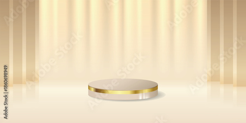 Stock vector luxury golden podium with light effect, stage and elegant bokeh effects on cream background