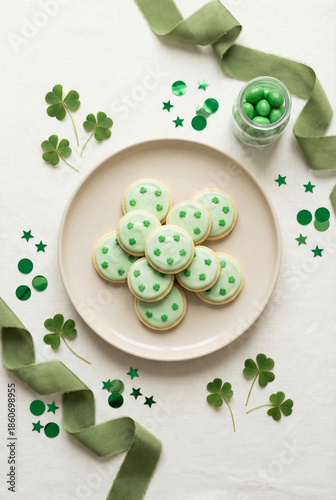 Green desserts and shamrocks flat lay for St Patrick’s Day celebration