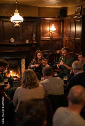 Traditional Irish music session in pub with fiddle and flute