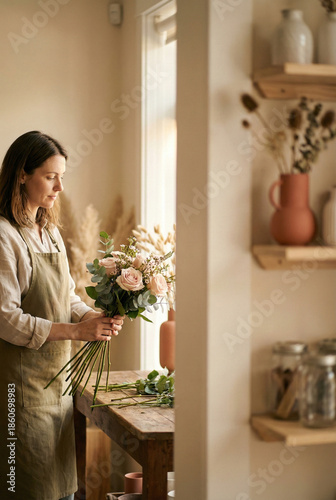 Florist arranging a handmade bouquet in a cozy studio with natural light