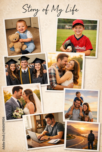 Life journey collage showing different stages from childhood to adulthood