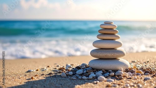 Stacked Stones on Beach: Serene Coastal Zen Scene