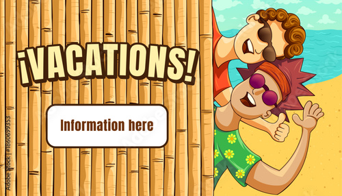 Smiling friends enjoying summer vacation at the beach in a stylish cartoon illustration, space for banner advertising information