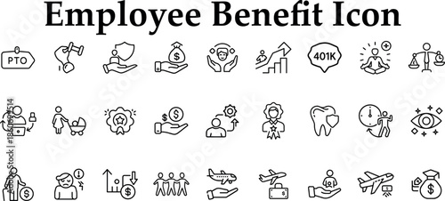 Employee benefit icons for human resources and business isolated on transparent background
