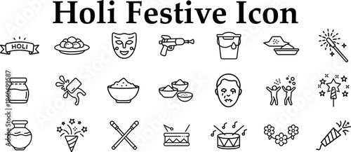Holi festive icon set with colors, traditional elements and celebration isolated on transparent background