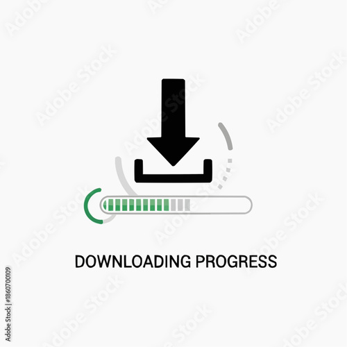 Downloading progress icon with a green loading bar on white background  