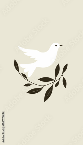 Elegant illustration of a white dove gracefully hovering above a delicate olive branch on a soft beige background, symbolizing peace and harmony in simplicity