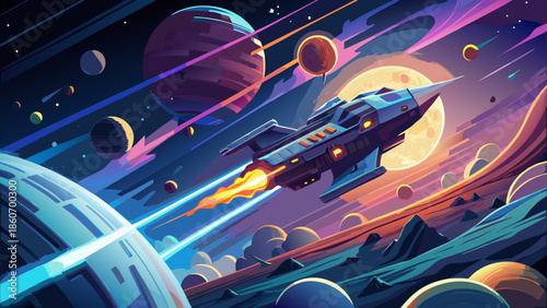 Very beautiful cinematic vector of a lone spacecraft traveling through a glowing star field, epic sci fi journey and sense of discovery.