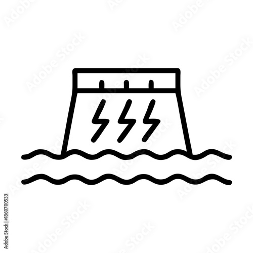 Hydroelectric power station icon, renewable energy source, minimalistic design, black and white, eco-friendly concept