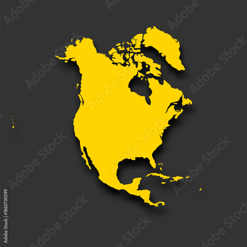 The art displays the silhouette of North America. The bright yellow color contrasts with the dark background. The map highlights the shape of the continent clearly.