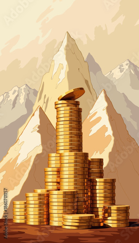 Towering Stack of Gleaming Gold Coins Against Majestic Mountainous Landscape with Peaks Touching the Sky in Warm Sunlight