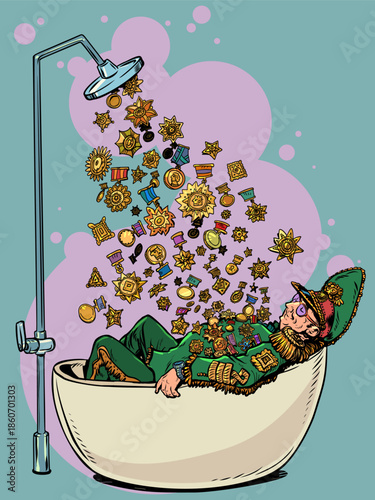 Pop Art Retro General in the bath. Military orders and merits. Army commanders.